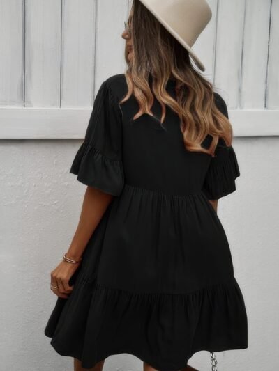 V Neck Button Up Solid Dress