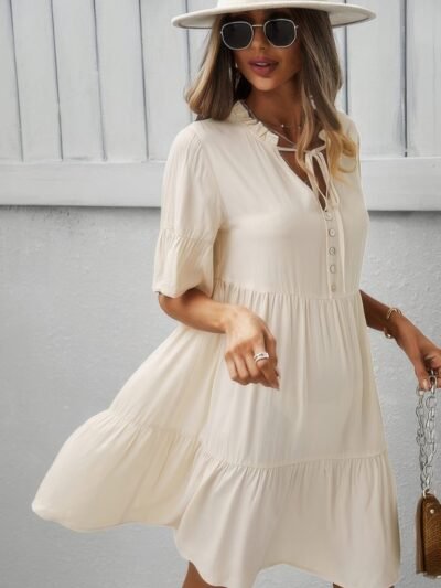 V Neck Button Up Solid Dress