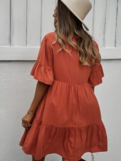 V Neck Button Up Solid Dress