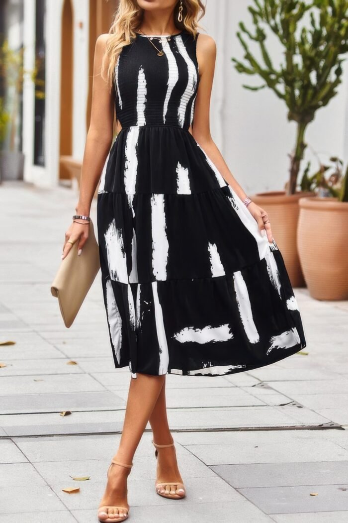 Cut out ruched fit sleeveless ruffle dress - image 1