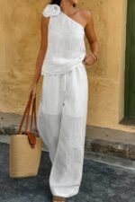 Floral Trim Linen A Tank Top And Pants Set