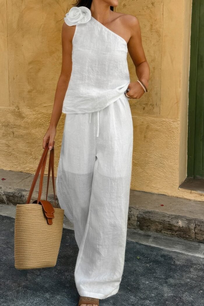 Floral trim linen a tank top and pants set - image 1