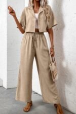 Drop Shoulder Tie Front Wide Leg Pant Set