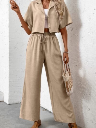 Drop Shoulder Tie Front Wide Leg Pant Set