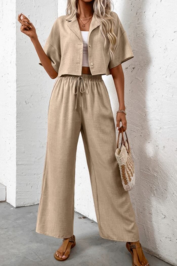 Drop shoulder tie front wide leg pant set - image 1