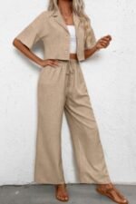 Drop Shoulder Tie Front Wide Leg Pant Set - Image 2