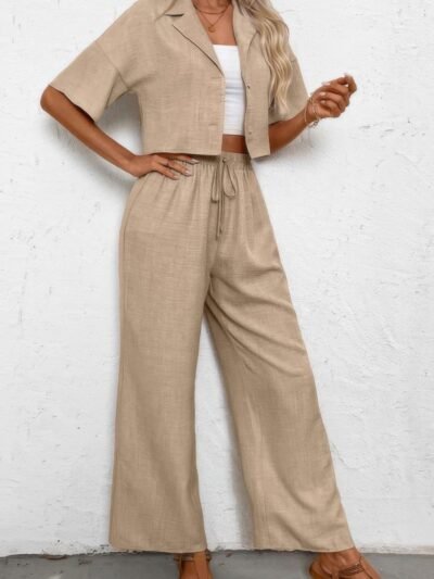 Drop Shoulder Tie Front Wide Leg Pant Set