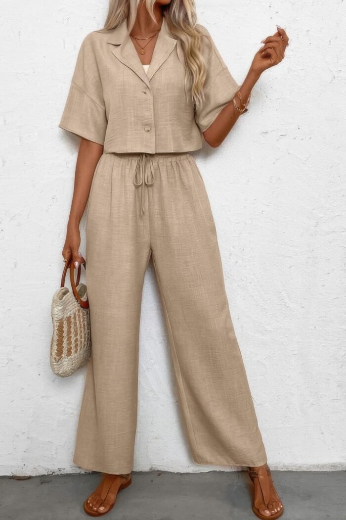 Drop shoulder tie front wide leg pant set - image 3