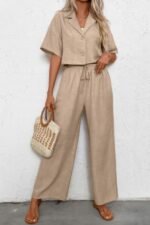 Drop Shoulder Tie Front Wide Leg Pant Set - Image 4