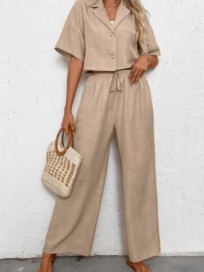 Drop Shoulder Tie Front Wide Leg Pant Set