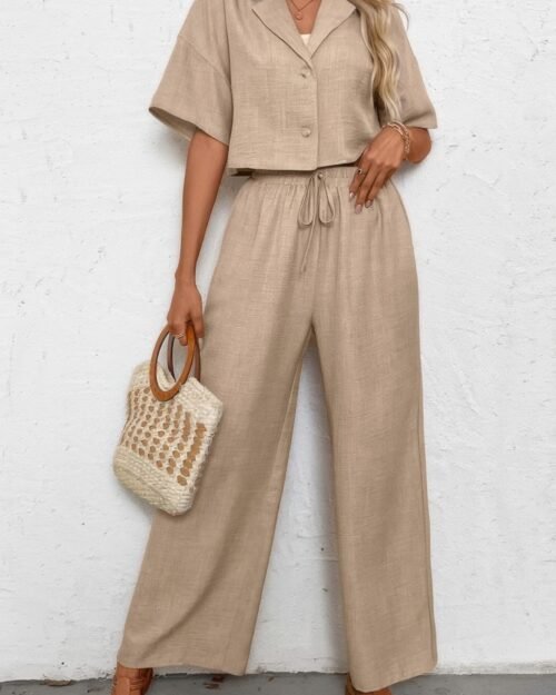 drop shoulder tie front wide leg pant set