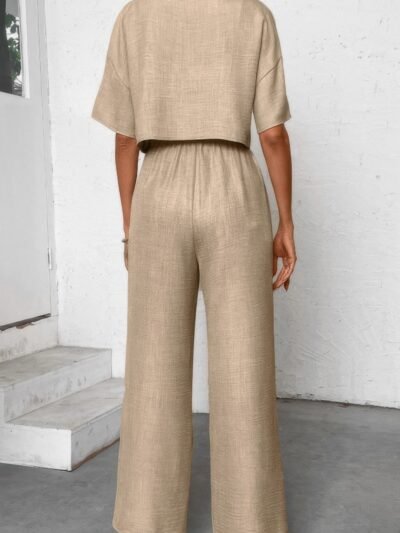 Drop Shoulder Tie Front Wide Leg Pant Set