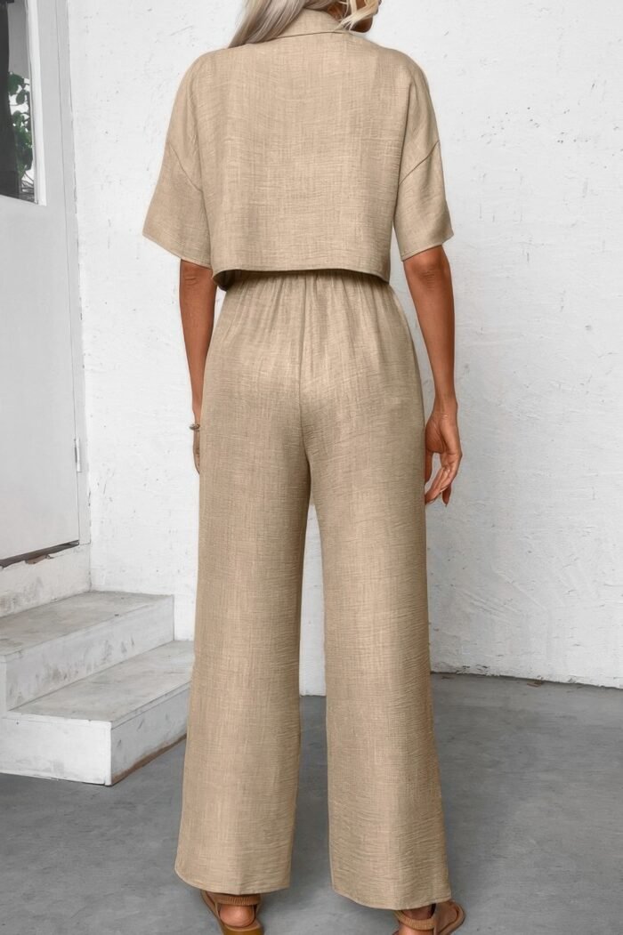 Drop shoulder tie front wide leg pant set - image 5
