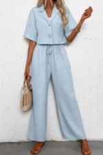 Drop Shoulder Tie Front Wide Leg Pant Set - Image 6