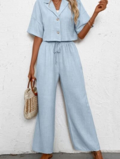 Drop Shoulder Tie Front Wide Leg Pant Set