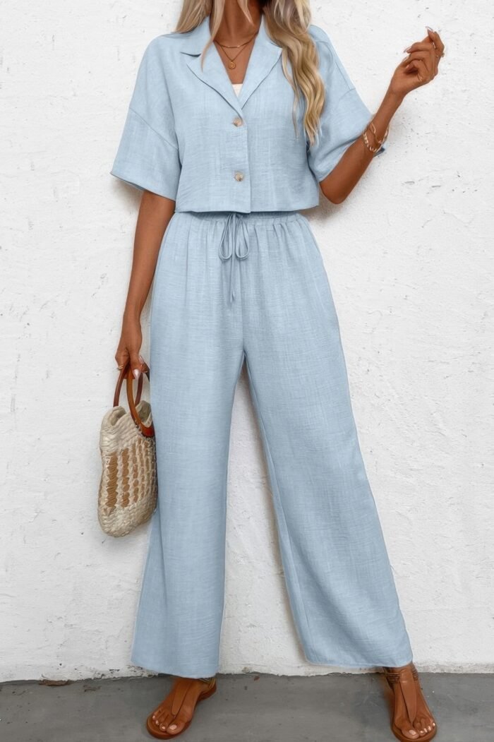 Drop shoulder tie front wide leg pant set - image 6