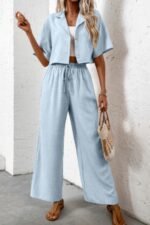 Drop Shoulder Tie Front Wide Leg Pant Set - Image 7