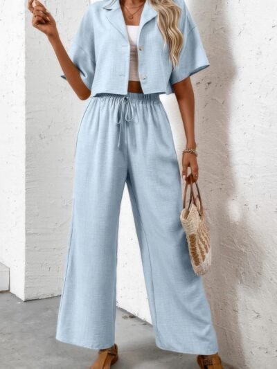 Drop Shoulder Tie Front Wide Leg Pant Set