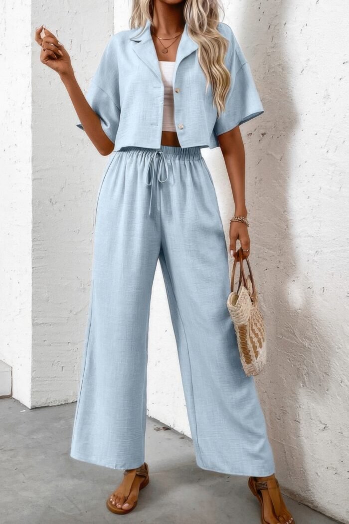 Drop shoulder tie front wide leg pant set - image 7