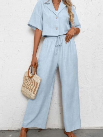 Drop Shoulder Tie Front Wide Leg Pant Set