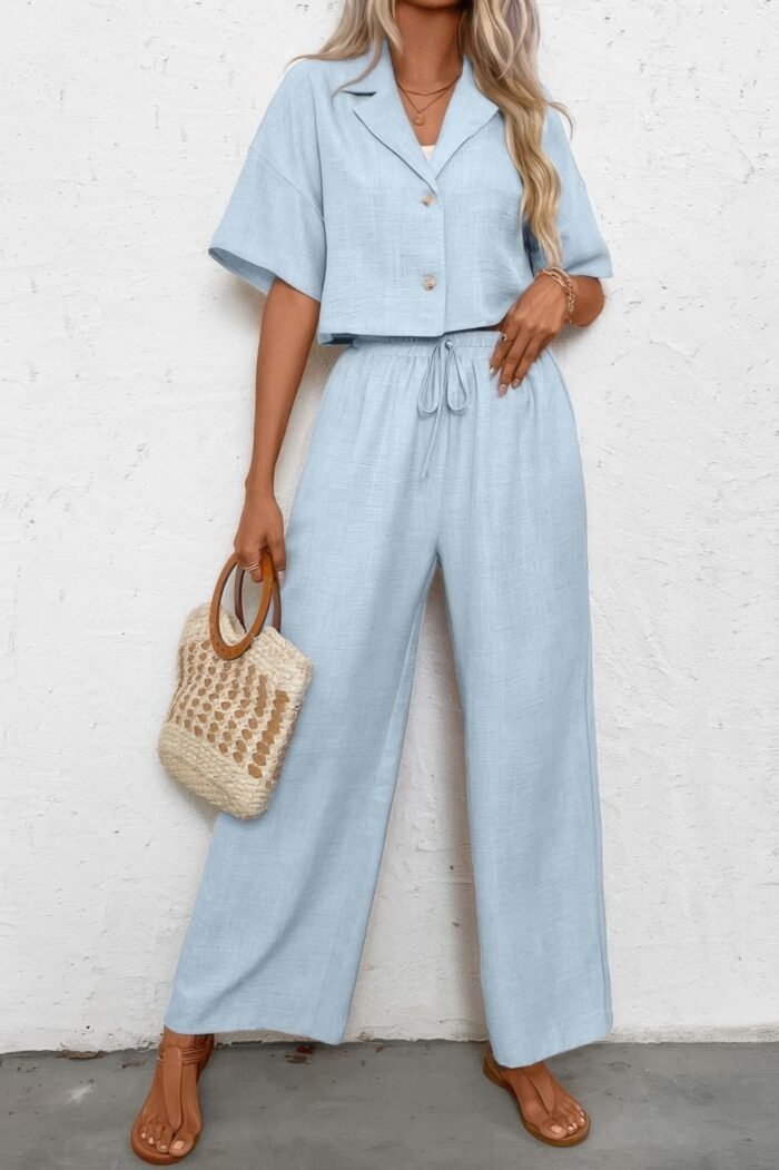 Drop shoulder tie front wide leg pant set - image 8