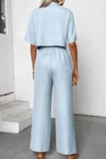 Drop Shoulder Tie Front Wide Leg Pant Set - Image 9
