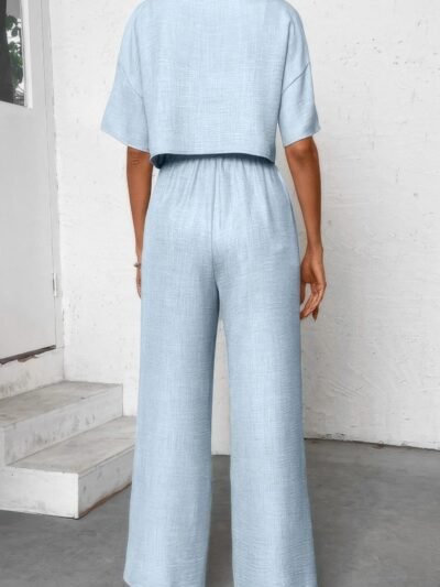 Drop Shoulder Tie Front Wide Leg Pant Set