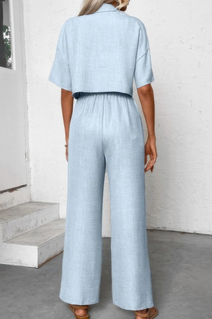 Drop shoulder tie front wide leg pant set - image 9