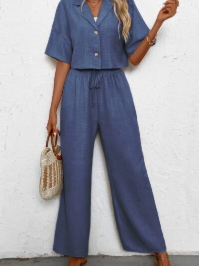 Drop Shoulder Tie Front Wide Leg Pant Set