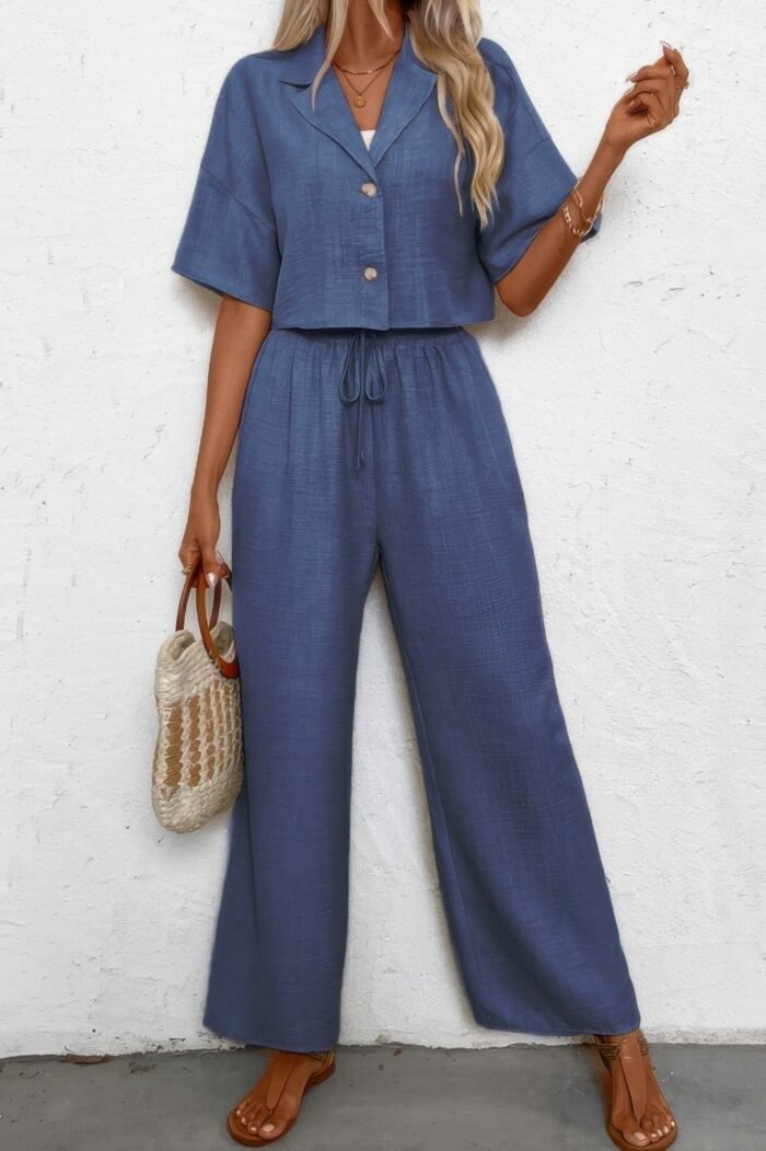 Drop shoulder tie front wide leg pant set - image 10