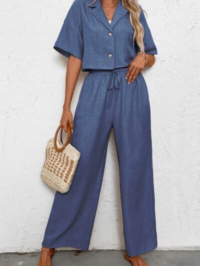 Drop Shoulder Tie Front Wide Leg Pant Set