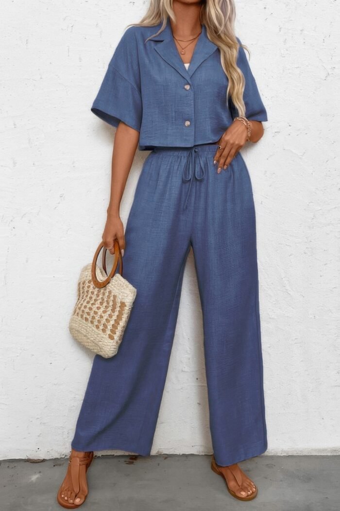 Drop shoulder tie front wide leg pant set - image 11