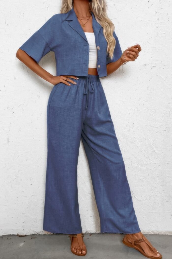 Drop shoulder tie front wide leg pant set - image 12