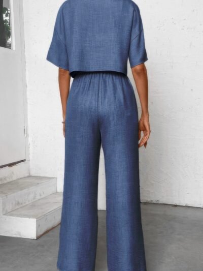 Drop Shoulder Tie Front Wide Leg Pant Set
