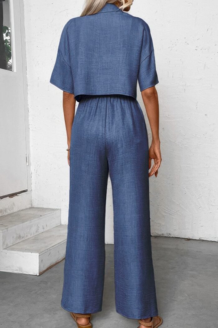 Drop shoulder tie front wide leg pant set - image 13