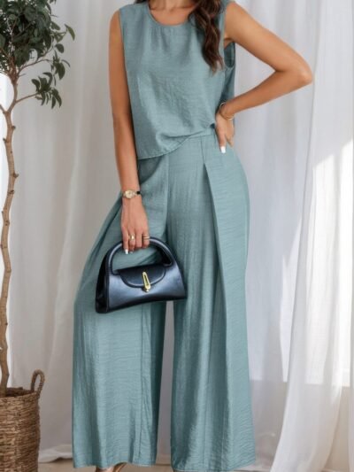 Two Pieces Solid Tank Wide Leg Pants Set Two Pieces Solid Tank Wide Leg Pants Set