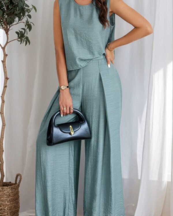 Two Pieces Solid Tank Wide Leg Pants Set