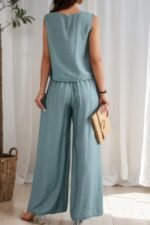 Two Pieces Solid Tank Wide Leg Pants Set - Image 3