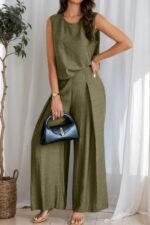 Two Pieces Solid Tank Wide Leg Pants Set - Image 4
