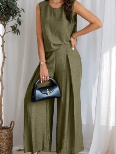 Two Pieces Solid Tank Wide Leg Pants Set Two Pieces Solid Tank Wide Leg Pants Set