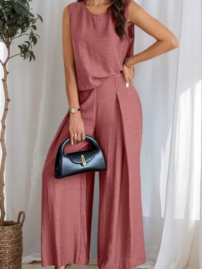 Two Pieces Solid Tank Wide Leg Pants Set Two Pieces Solid Tank Wide Leg Pants Set