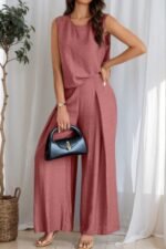 Two Pieces Solid Tank Wide Leg Pants Set - Image 8