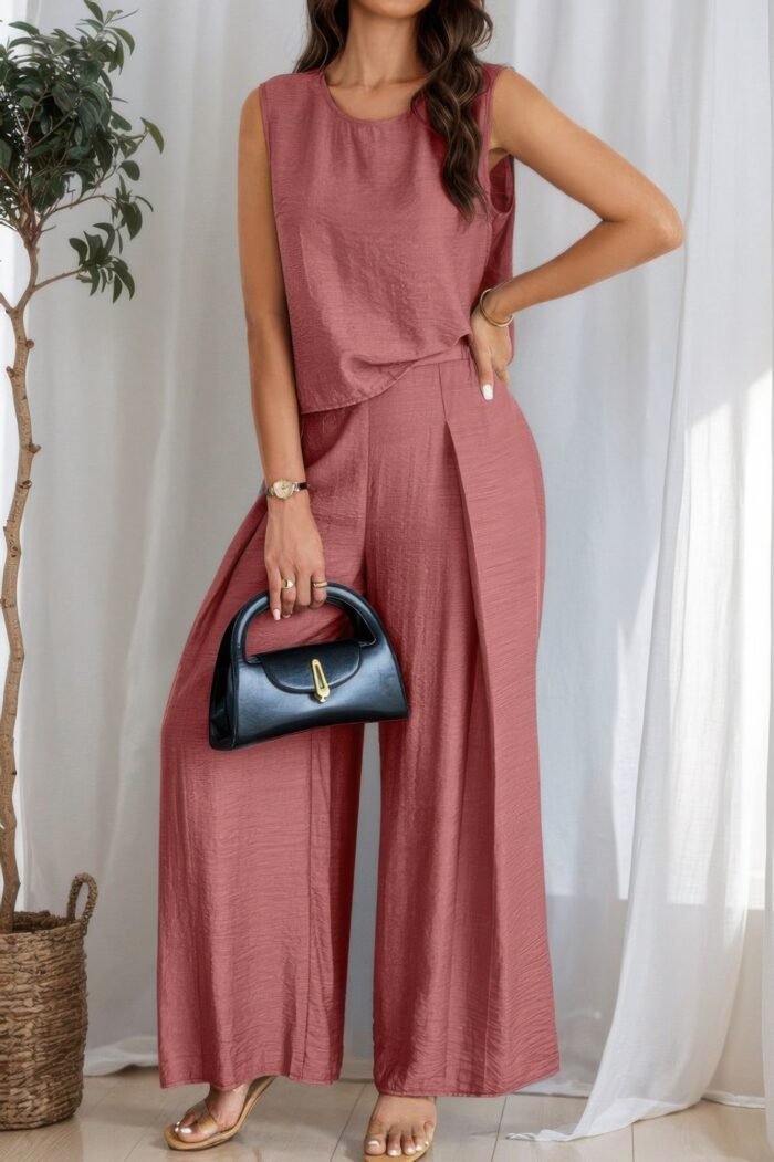 Two pieces solid tank wide leg pants set - image 8