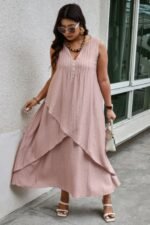 Solid Plus Notched Neck Wrap Sleeveless Loose Dress - Image 3