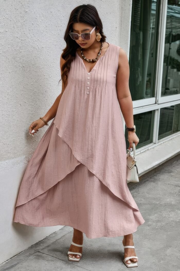 Solid plus notched neck wrap sleeveless loose dress - image 3