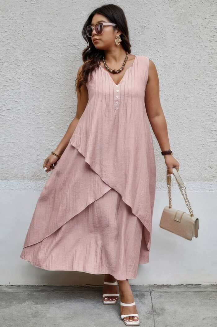 Solid plus notched neck wrap sleeveless loose dress - image 4