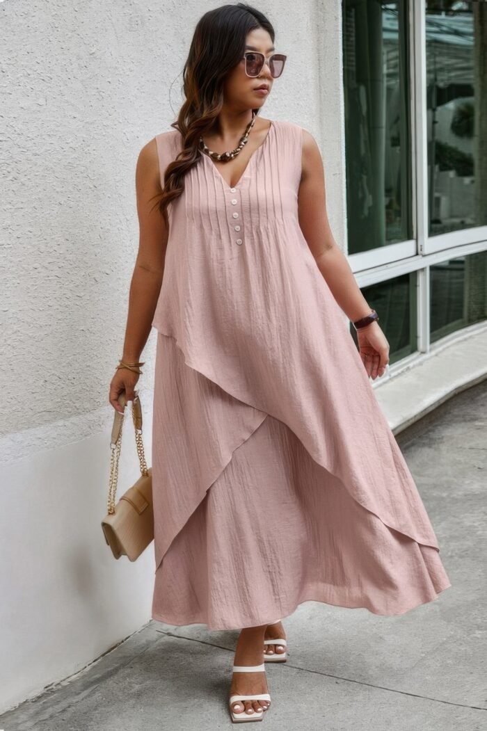 Solid plus notched neck wrap sleeveless loose dress - image 5