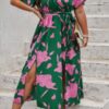 Plus Floral Short Sleeve Split Belted Midi Dress