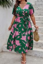 Plus Floral Short Sleeve Split Belted Midi Dress - Image 2