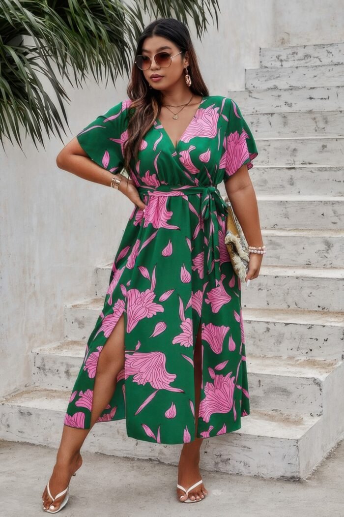 Plus floral short sleeve split belted midi dress - image 3